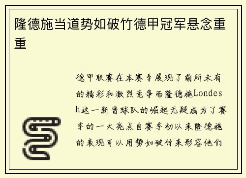 隆德施当道势如破竹德甲冠军悬念重重